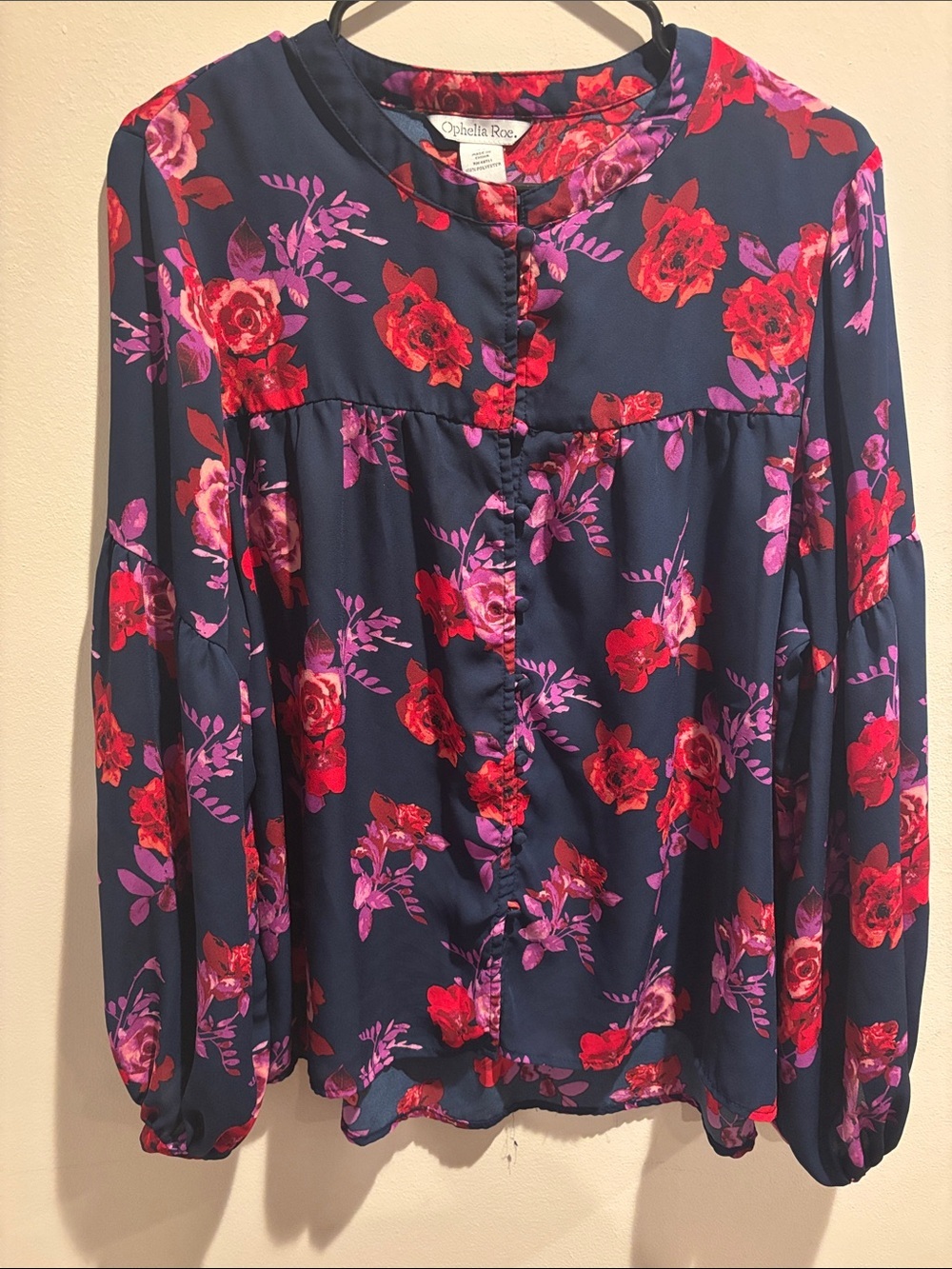 Ophelia Rose Navy Floral Button-Front Blouse with Red & Pink Roses